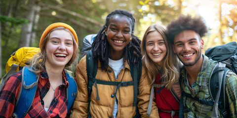 Wall Mural - Group of cheerful young friends going hiking together in scenic landscape on spring day. Adventurous young people with backpacks. Hiking and trekking on a nature trail.