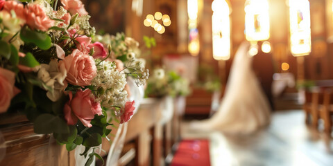 Wall Mural - Beautiful flower bouquet as a wedding decoration in church, with bride and groom on the background.