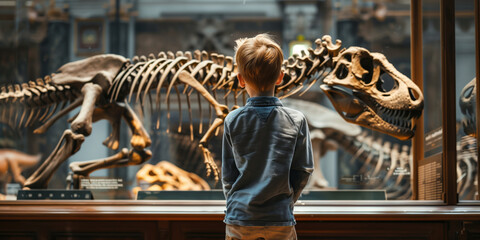 Child looking at the skeleton of an ancient dinosaur in the museum of paleontology. Little boy watching at dinosaur bones.