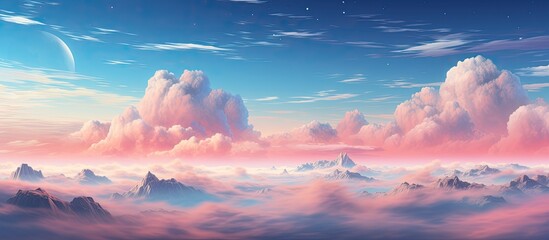 Wall Mural - A breathtaking natural landscape painting of a mountain range covered in clouds, with a planet visible in the sky during dusk afterglow