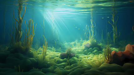 Wall Mural - Underwater landscape with green seagrass at the bottom of the sea