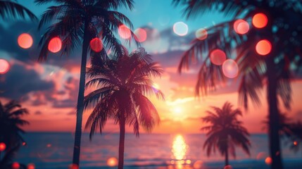 Wall Mural - Tropical Palm Trees Silhouette at Sunset - Vintage Tone and Bokeh Lights - Perfect for Summer Vacation Vibes