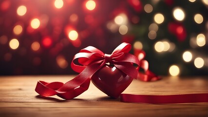 A red heart with a ribbon on a table with blurry lights in the background and a blurry background. The image should feature a photorealistic rendering of a red heart with a ribbon, placed on a wooden 