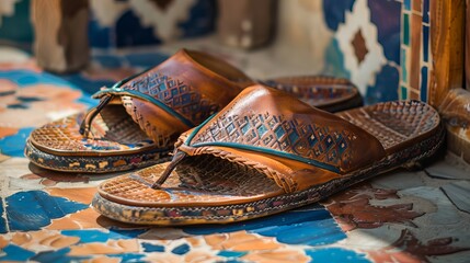 Another photograph of traditional luxury Arabic leather sandals, emphasizing their distinct style