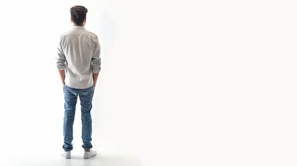 The back view of an Arab man standing isolated on a white background, capturing a moment of solitude