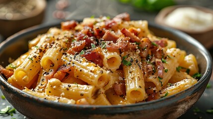 Piatto di deliziosi rigatoni alla carbonara, una ricetta tradizionale di pasta con salsa di uovo, guanciale, pecorino e pepe nero della cucina romana, pasta italiana, cibo europeo