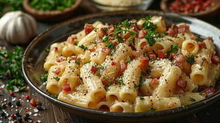 Wall Mural - Piatto di deliziosi rigatoni alla carbonara, una ricetta tradizionale di pasta con salsa di uovo, guanciale, pecorino e pepe nero della cucina romana, pasta italiana, cibo europeo