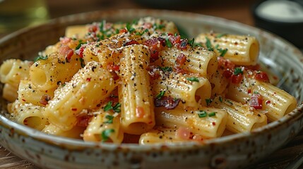 Wall Mural - Piatto di deliziosi rigatoni alla carbonara, una ricetta tradizionale di pasta con salsa di uovo, guanciale, pecorino e pepe nero della cucina romana, pasta italiana, cibo europeo