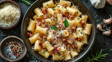 Wall Mural - Piatto di deliziosi rigatoni alla carbonara, una ricetta tradizionale di pasta con salsa di uovo, guanciale, pecorino e pepe nero della cucina romana, pasta italiana, cibo europeo