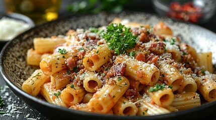 Wall Mural - Piatto di deliziosi rigatoni alla carbonara, una ricetta tradizionale di pasta con salsa di uovo, guanciale, pecorino e pepe nero della cucina romana, pasta italiana, cibo europeo