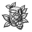 frothy beer mug surrounded by hops and leaves sketch engraving generative ai vector illustration. Scratch board imitation. Black and white image.