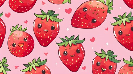 Vector illustration of cute happy smiling strawberry cartoon characters isolated on pastel modern pink color background. Fruit background with kawaii anime style excited emoji seamless wallpaper