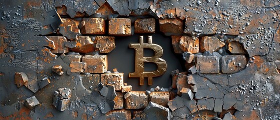 Poster - Golden Bitcoin Symbol Breaking Through a Cracked Concrete Brick Wall Representing Financial Breakthrough in Cryptocurrency Market