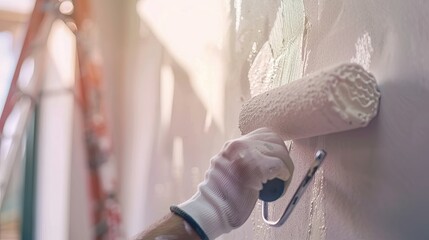 Close up of painter hand painting a wall with paint roller, Real estate, New home concept