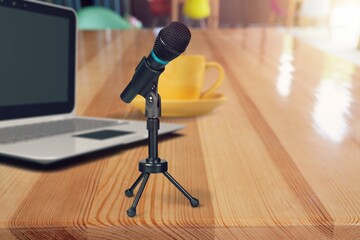 Sticker - retro steel microphone for podcast with laptop