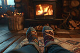 Fototapeta Dmuchawce - POV sitting in front of fireplace in warm socks in a cottage in winter