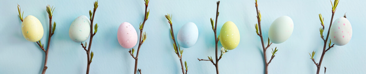 Wall Mural - Frame with colored easter eggs and catkin willow twigs on light pastel blue background. Happy Easter, Palm sunday. Simple spring template, greeting card, banner. Top view, flat lay with copy space