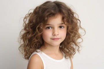 Portrait of a cute little girl with long curly hair on a white background