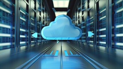 Aufkleber - Cloud storage technology, with arrows indicating data transfer for downloading and uploading files to a secure online server. Cloud computing technology