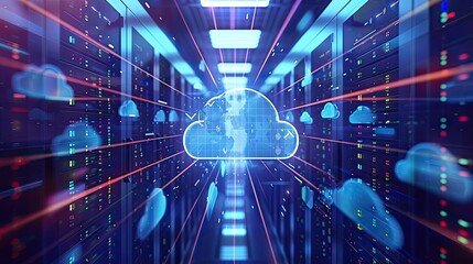 Aufkleber - Cloud storage technology, with arrows indicating data transfer for downloading and uploading files to a secure online server. Cloud computing technology