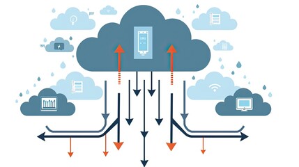Aufkleber - Cloud storage technology, with arrows indicating data transfer for downloading and uploading files to a secure online server. Cloud computing technology