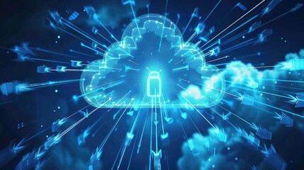 Aufkleber - Cloud storage technology, with arrows indicating data transfer for downloading and uploading files to a secure online server. Cloud computing technology