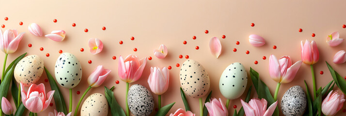 Wall Mural - Frame made of colored Easter eggs and colorful tulip flowers on light beige background. Happy Easter concept. Simple spring border for greeting card, banner. Top view, flat lay with copy space