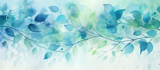 Wall Mural - A watercolor painting featuring azure and aqua leaves on a white background, creating a serene and natural aesthetic