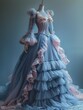 Victorian, petticoat, bridal. An opulent pink wedding dress with ruffles and feathers, tulle, long puffed sleeves, large round skirt, displayed on an empty mannequin