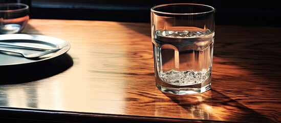 Wall Mural - A highball glass filled with water is placed on a wooden table, creating a refreshing sight of liquid in drinkware on barware