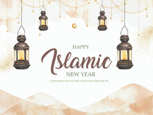 Islamic New Year Greeting Card With Watercolor Painting Of Arabic Lantern