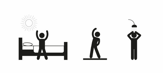 Wall Mural - time of day morning, a person woke up, got up, took a shower, did exercises, healthy lifestyle, pictogram of a human figure, flat  illustration