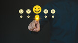 Fototapeta Kosmos - Engage with customer satisfaction through a virtual screen interface, where users can express contentment by selecting a happy smile face icon, emphasizing service excellence and feedback assessment.
