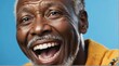 young black african elderly man on plain bright blue background laughing hysterically looking at camera background banner template ad marketing concept from Generative AI