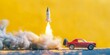 Rocket taking off near vintage car on yellow background