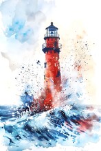 Watercolor Illustration Of A Red Lighthouse With Waves Crashing Around It, Set Against A Vivid Sky.