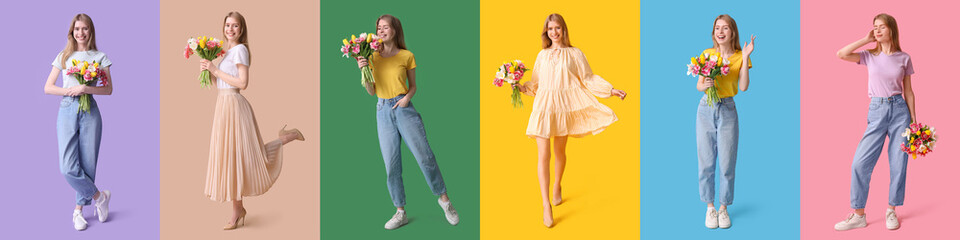 Sticker - Set of young women with bouquets of beautiful flowers on color background