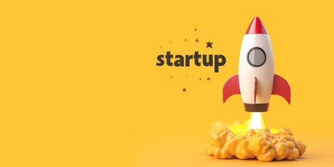 Wall Mural - Rocket and word startup on yellow background with copy space