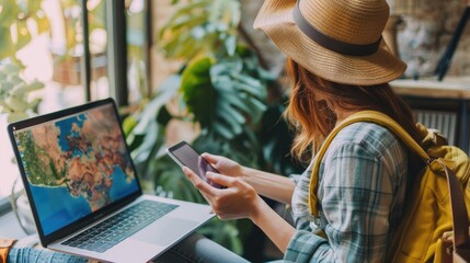 Booking. Woman using a laptop and smartphone for booking hotel online. Tour reservation, Booking online concept. Travel 