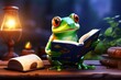 a Funny frog reading book on wooden table. created with genera