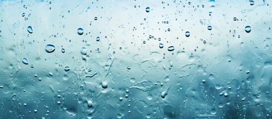 Wall Mural - A close up of water drops on a window, showcasing the beauty of liquid droplets on a transparent material, reflecting an electric blue hue
