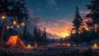 © Tida - Camping under a starlit mountain landscape - A scenic digital illustration of a camping site with a tent and guitar under a starry sky and mountain backdrop