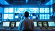 A closeup of a power plants control room with panicked operators monitoring the surge of solar activity that could potentially disrupt their operations.