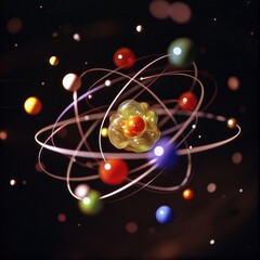 Wall Mural - atomic dance: subatomic realm, electrons, neutrons, and protons orbit a fixed nucleus in a model emp