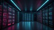 Futuristic Data Center Filled with Server Racks Illuminated by Vibrant VFX in a Shadowy Room Generative AI