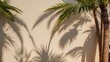 A gentle shadow of palm fronds, their edges blurred, stretching across a wall of light cream hue Generative AI