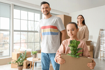 Wall Mural - Happy family with cardboard boxes in room on moving day