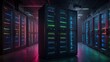 High-Tech Server Racks Operating in a Mysterious Dark Room, Enhanced with Colorful VFX Effects Generative AI
