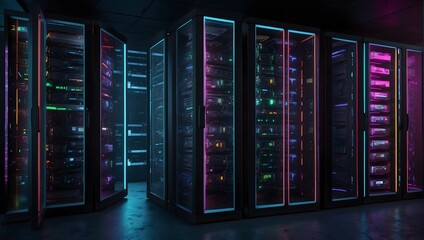 Wall Mural - High-Tech Server Racks Operating in a Mysterious Dark Room, Enhanced with Colorful VFX Effects Generative AI