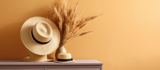 Wall Mural - A wooden dresser displays a metal vase with dried grass and a hat in a still life art composition. The hardwood landscape is enhanced by the plant and circle shapes, perfect for macro photography